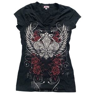 LIPSTICK Y2K GRUNGE BLACK V-NECK FLOWER RHINESTONES AND ANGEL WINGS PRINT SMALL
